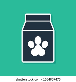 Blue Bag of food for pet icon isolated on green background. Food for animals. Pet food package. Dog or cat paw print.  Vector Illustration