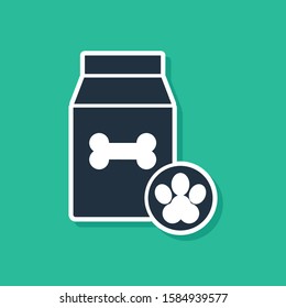 Blue Bag of food for pet icon isolated on green background. Food for animals. Dog bone sign. Pet food package.  Vector Illustration