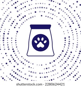 Blue Bag of food for pet icon isolated on white background. Food for animals. Dog bone sign. Pet food package. Abstract circle random dots. Vector