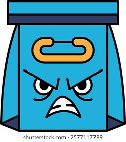 A blue bag with a frowning face on it