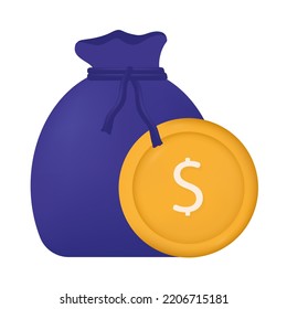 Blue Bag With Gold Coin Icon 3d. Bank Requisite, Concept Of Capital, Successful Investment Of Funds, Financial Stability. Income Or Asset Security, Profitable Investment Symbol, Business. Vector.