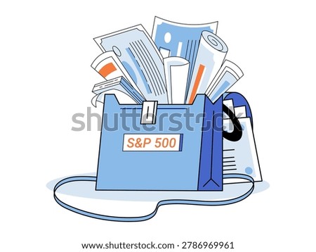 Blue bag labeled SP 500 with money and documents vector illustration. Stock market, wealth management, index funds, retirement, economy, finance. Briefcase with cash and reports
