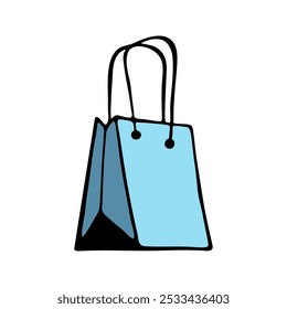 Blue bag with long handles. Bags for fashion ads, seasonal sales, and store promotions. Sketch illustration. Vector image.