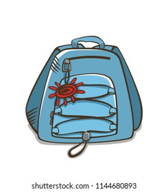 Blue bag pack with cute charm. School bag isolated on white background.