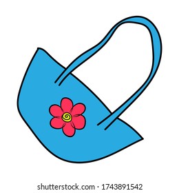 Blue bag with pink flower, cartoon icon on a white isolated background.