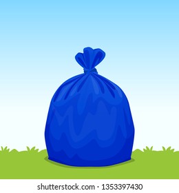 blue bag plastic garbage on grass sky background, bin bag, garbage bags for waste, pollution plastic bag waste, 3r ad, waste plastic bags and copy space for banner advertising background
