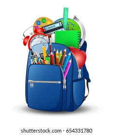 Blue bag with school supplies, vector illustrations.