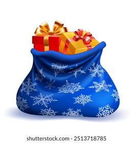 Blue bag with snowflake patterns, containing several Christmas gift boxes tied with a ribbon.