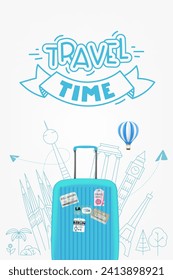 Blue bag with world sights. Travel time concept with lettering logo. vector illustration