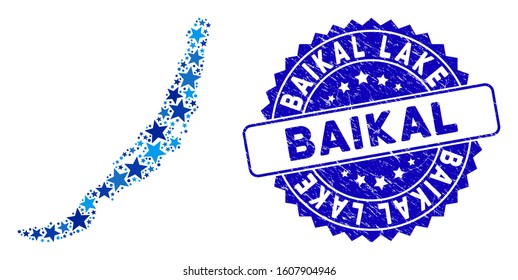 Blue Baikal Lake map composition of stars, and scratched rounded stamp. Abstract geographic plan in blue color tinges. Vector Baikal Lake map is organized of blue stars.