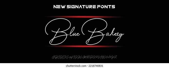 Blue Bakery Hand drawn calligraphic vector monoline font. Distress signature letters. Modern script calligraphy type. ABC typography latin signature alphabet.