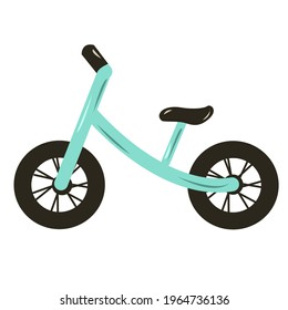 Blue balance bike for children to ride. Isolated element on a white background.