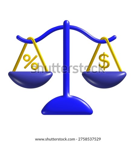 Blue balance scale with two pans. Left shows yellow percent symbol, right shows yellow dollar sign Vector illustration