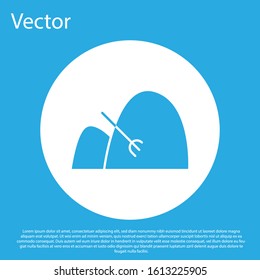 Blue Bale of hay and rake icon isolated on blue background. White circle button. Vector Illustration