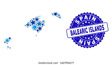 Blue Balearic Islands map composition of stars, and textured round seal. Abstract geographic plan in blue shades. Vector Balearic Islands map is designed with blue stars.