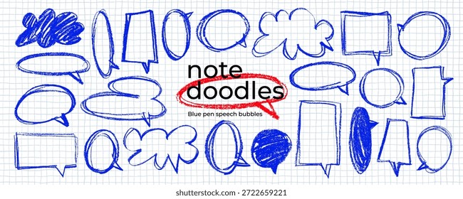 Blue ball pen speech bubbles collection. Crayon-drawn talking balloons and dialogue boxes on grid notebook background. Doodle speech bubble shapes for hand drawn notes, journaling, and infographics.
