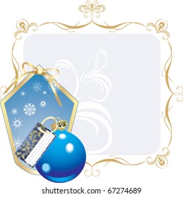 Blue ball and snowflakes in the decorative frame. Vector