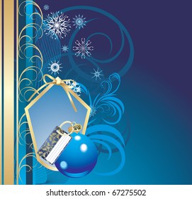 Blue ball and snowflakes in the decorative frame. Christmas card. Vector