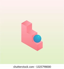 blue ball under the soft pink stairs with minimal background design. simple minimalist abstract geometric vector illustration.