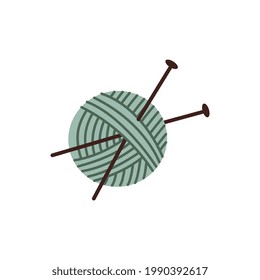 Blauer Ball aus Wollgarnen und zwei gekreuzte Stricknadeln einzeln auf weißem Hintergrund. Vektorgrafik des Crafting-Gewindes in Rundrollen mit Pins.