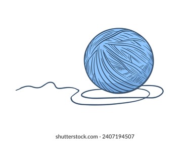 Blue ball of yarn. Woolen knitting thread ball. Cartoon vector illustration isolated on white background. Hand drawn line