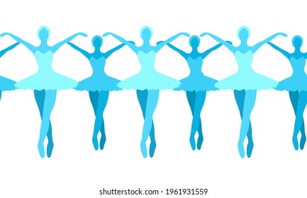 Blue ballerinas silhouettes repeating horizontal in simple style. Ballet dancer seamless vector border pattern