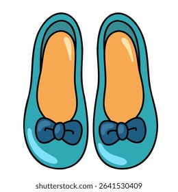 Blue ballet flats with bows, cute round toe shoes, elegant summer slip-ons. Cartoon vector illustration on white background. 