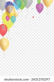 Blue Ballon Background Transparent Vector. Baloon Reflection Card. Colorful Anniversary. Yellow Confetti. Helium Realistic Set.