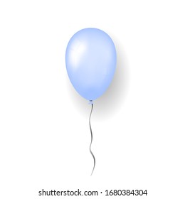 Blue balloon 3D, thread, isolated white background. Color glossy flying baloon, ribbon for birthday celebrate, surprise. Helium ballon gift. Realistic shape, design happy bday. Vector illustration