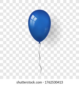 Blue balloon 3D, thread, isolated white transparent background. Color glossy flying baloon, ribbon, birthday celebrate, surprise. Helium ballon gift. Realistic design happy bday. Vector illustration