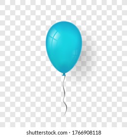 Blue balloon 3D, thread, isolated white transparent background. Color glossy flying baloon, ribbon, birthday celebrate, surprise. Helium ballon gift. Realistic design happy bday. Vector illustration