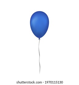 Blue balloon 3D, thread, isolated white background. Color glossy flying balloon, ribbon for birthday celebrate, surprise. Helium balloon gift. Realistic shape, design happy bday. Vector illustration