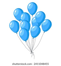 Blue balloon bunch. Hand drawn helium balloons, happy birthday air balloons decorations, holidays celebration decor flat vector illustration. Flying glossy balloons