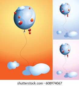 Blue balloon decorated with red apples flying high in the sky tied with the cloud
