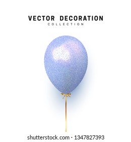 Blue Balloon isolated on white background. Holiday element design realistic baloon with gold ribbon and bow