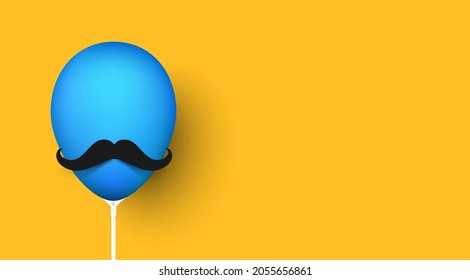 Blue balloon with mustache on yellow background. Father's day. Men's day. Vector illustration.