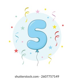 Blue balloon number with confetti. Five years old birthday party vector illustration.