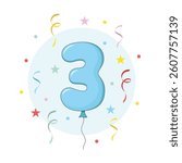 Blue balloon number with confetti. Three years old birthday party vector illustration.