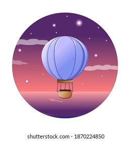 Blue balloon on the background of sunset and stars. Children's illustration