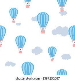 Blue balloon pattern on the background of clouds. Vector illustration in flat style.