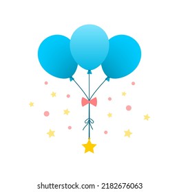 Blue Balloon With Pink Ribbon Hanging Stars And Circle Foil Celebrate Party Decoration On White Background Flat Vector Design.