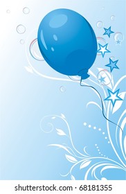 Blue balloon with stars and bubbles. Holiday card. Vector