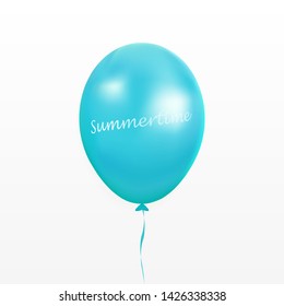 Blue balloon with text 'Summertime' vector. Party baloon with ribbon isolated on background. Holidays ballon decoration symbol. Vector illustration.