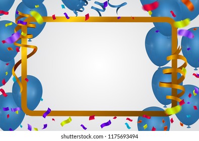 Blue balloons background. Sale Vector party banner Golden foil white and gold balloons