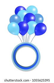 Blue balloons big bundle with round frame for greetings, party birthdays and anniversaries congratulations, rubber balloon in inflatable bunch isolated
