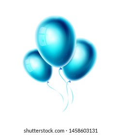 Blue balloons bunch isolated on white background. Realistic turquoise color ballon for birthday, party, wedding or event decoration. Group of objects. Vector illustration. EPS10