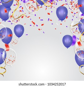 Blue balloons, confetti concept design template Happy background Celebration Vector illustration. fun decor glitters. Abstract concept graphic tinsel element .