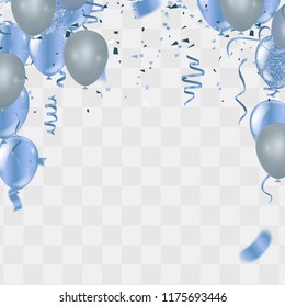 Blue balloons, confetti concept design Independence Day greeting background.of celebration, party balloons
