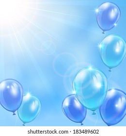 Blue balloons flying on a sky background, illustration.