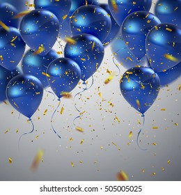 Blue balloons and golden confetti. Vector festive illustration of flying realistic glossy balloons and shiny glittering confetti. Decoration 3D element for party invitation design